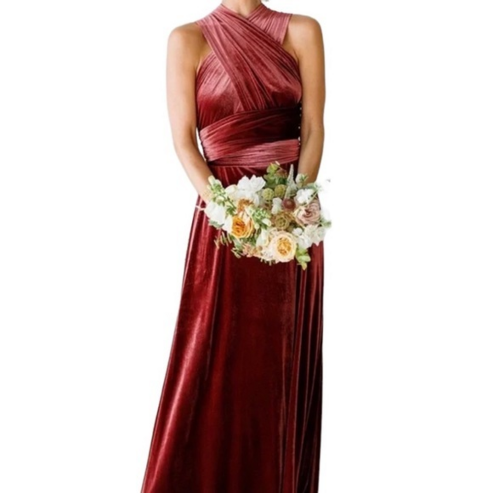 Revelry Micah Maroon Burgundy Crushed Velvet Convertible Maxi Dress